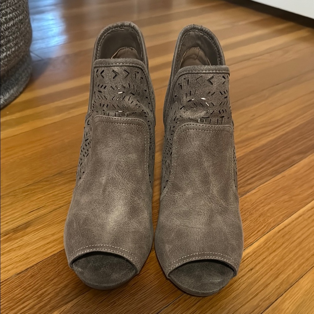 Fergalicious Taupe Heeled Boots with Peep-Toe and Suede Finish 8.5